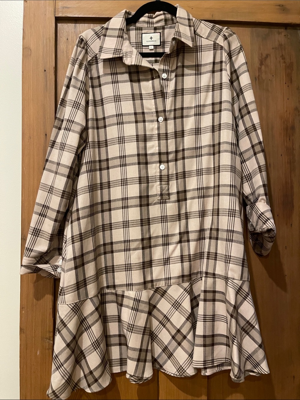 Tuckernuck Cream and Brown Plaid Longline Button-Down Shirt Dress